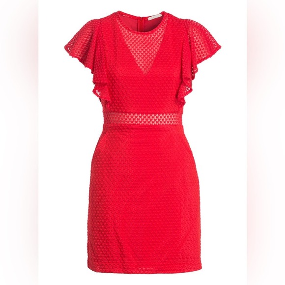 Maje Red Dress Roucoul Lace Heart embroidered Mini ruffle sleeve size 2 - Picture 1 of 11